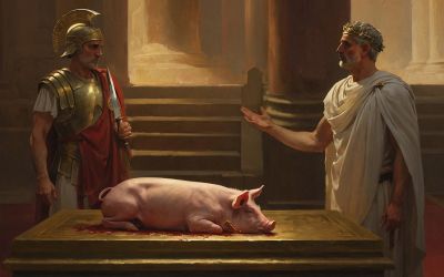 Artist's AI depiction of the desecration of the temple by Antiochus Epiphanes to illustrate the article What Is the Abomination of Desolation?